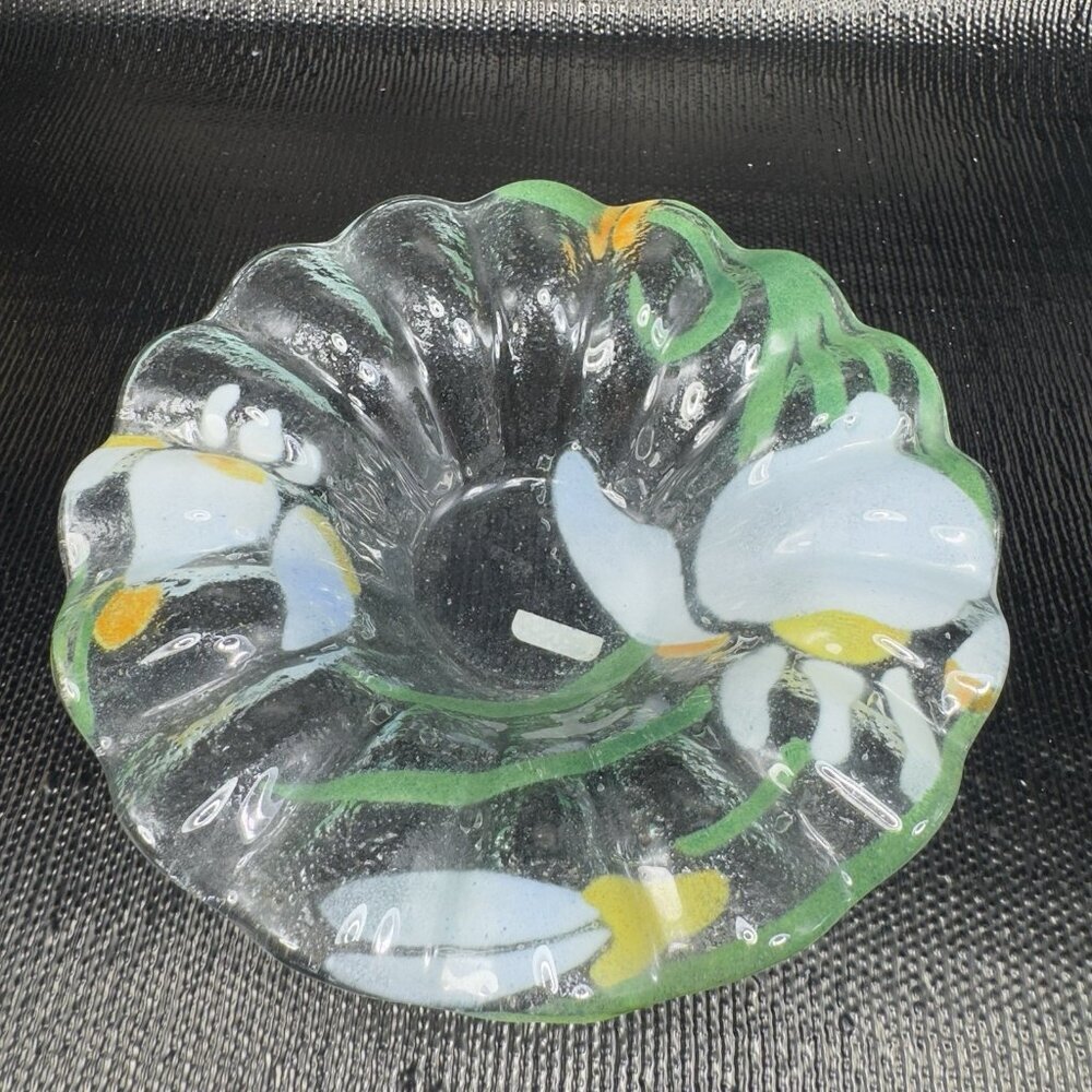 Sydenstricker Fused Art Glass Bowl Ruffled Edges Flower Pattern Original Sticker